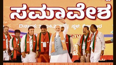 Prime Minister Narendra Modi at a rally in Kolar on Sunday. (PTI) Prime Minister Narendra Modi at a rally in Kolar on Sunday. (PTI)
