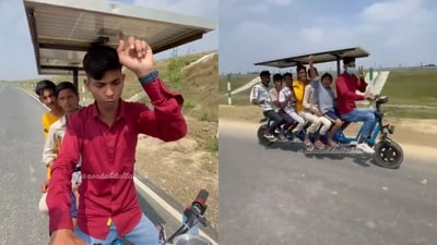 The image, taken from the video shared on Twitter by Harsh Goenka, shows a seven-seater solar-powered vehicle. (Twitter/@hvgoenka)