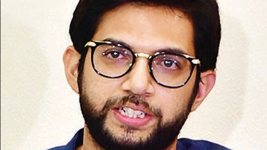 Mumbai, India - April 15, 2023: Shivsena (UBT) leader and MLA Aaditya Thackeray addresses the media alongside MLA Ravindra Waikar, at Matoshree, Bandra, in Mumbai, India, on Saturday, April 15, 2023. (Photo by Bhushan Koyande/HT Photo) (HT PHOTO)