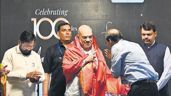Mumbai, India - April 30, 2023 : Home Minister Amit Shah visited Mumbai for 100th Episodes of Prime minister Narendra Modi's "Mann Ki Baat" Live at Dahanukar college in Vileparle, in Mumbai, India, on Sunday, April 30, 2023. (Photo by Vijay Bate/HT Photo)