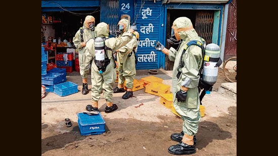 National Disaster Response Force team at the site after a gas leak incident in the Giaspura area, in Ludhiana district. (PTI)