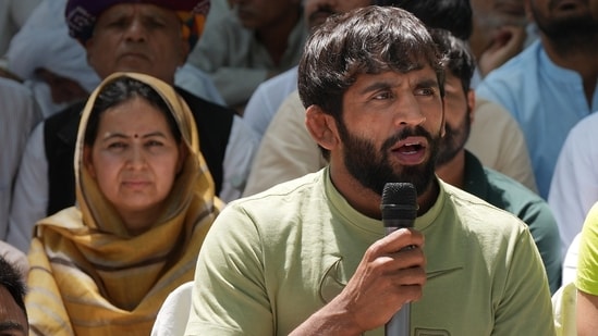 Wrestlers Bajrang Punia, Vinesh Phogat and Sakshi Malik at a press conference during their protest at Jantar Mantar (PTI)