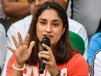 Wrestler Vinesh Phogat speaks with the media during their protest at Jantar Mantar, in New Delhi, on Sunday. Wrestler Vinesh Phogat speaks with the media during their protest at Jantar Mantar, in New Delhi, on Sunday.