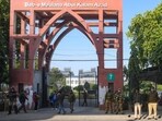 Security personnel outside Jamia Millia Islamia. (Amal KS/HT PHOTO)