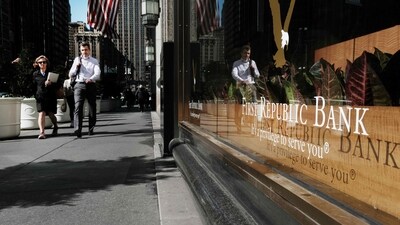 People walk past a First Republic bank in Manhattan on May 01, 2023 in New York City. (Getty Images via AFP) People walk past a First Republic bank in Manhattan on May 01, 2023 in New York City. (Getty Images via AFP)