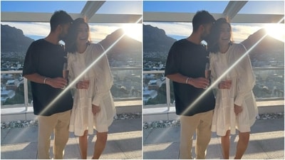 Anushka can be seen laughing as Virat stood next to her outdoors. The star wore a white knee-length flowy dress for the click. (Instagram) Anushka can be seen laughing as Virat stood next to her outdoors. The star wore a white knee-length flowy dress for the click. (Instagram)