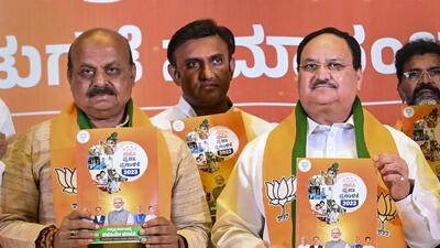 BJP president Jagat Prakash Nadda with Karnataka chief minister Basavaraj Bommai. (PTI) BJP president Jagat Prakash Nadda with Karnataka chief minister Basavaraj Bommai. (PTI)
