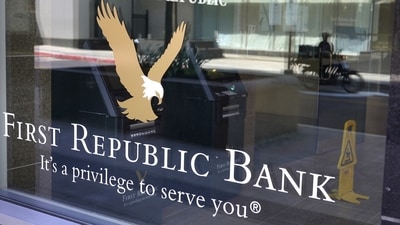 First Republic Bank signs and logos are attached to a window at a branch location, Wednesday, April 26, 2023, in Boston. (AP) First Republic Bank signs and logos are attached to a window at a branch location, Wednesday, April 26, 2023, in Boston. (AP)
