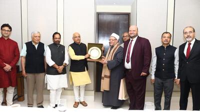 Grand Mufti of Egypt Shawki Ibrahim Abdel-Karim Allam being felicitated by ICCR chief Vinay Sahasrabuddhe. Grand Mufti of Egypt Shawki Ibrahim Abdel-Karim Allam being felicitated by ICCR chief Vinay Sahasrabuddhe.