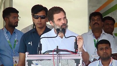 Tumkur: Congress leader Rahul Gandhi addresses a public meeting ahead of the upcoming Karnataka Assembly elections, in Tumkur district, Monday, May 1, 2023. (PTI Photo)