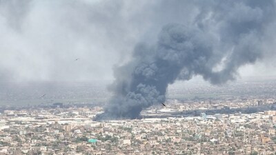 Drone footage shows birds in the foreground as clouds of black smoke billow over Bahri, also known as Khartoum North, Sudan on Monday. (via REUTERS)