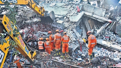 Thane, India - April, 30, 2023: the second day, rescue operations are underway at the site of a two-storey building collapse at Vardhaman Complex Val Pada village Bhiwandi ,in Thane, in Mumbai, India, on,Sunday, April, 30, 2023. (Praful Gangurde / HT Photo) Thane, India - April, 30, 2023: the second day, rescue operations are underway at the site of a two-storey building collapse at Vardhaman Complex Val Pada village Bhiwandi ,in Thane, in Mumbai, India, on,Sunday, April, 30, 2023. (Praful Gangurde / HT Photo)