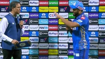 Rohit Sharma jokes with a commentator. Rohit Sharma jokes with a commentator.