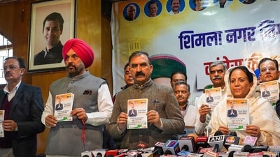 Himachal Pradesh CM Sukhvinder Singh Sukhu, Congress State president Pratibha Singh and others release the party’s election manifesto for the municipal corporation elections. (PTI) Himachal Pradesh CM Sukhvinder Singh Sukhu, Congress State president Pratibha Singh and others release the party’s election manifesto for the municipal corporation elections. (PTI)