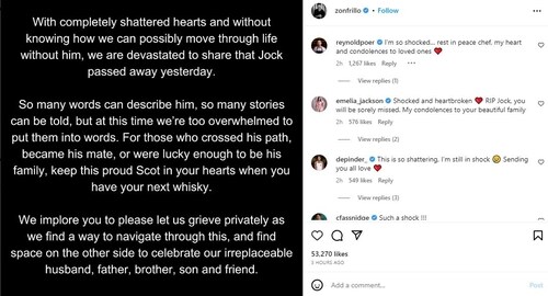 Jock's family posted a statement on Instagram. Jock's family posted a statement on Instagram.
