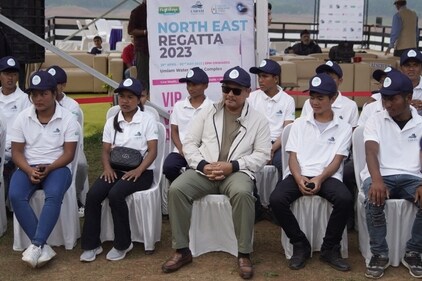 Chief Minister of Meghalaya Conrad Sangma interacts with school students at the Northeast Regatta 2023. (Atharva Shrivastava) Chief Minister of Meghalaya Conrad Sangma interacts with school students at the Northeast Regatta 2023. (Atharva Shrivastava)
