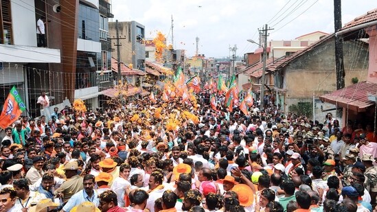 Union home minister Amit Shah's during a roadshow ahead of Karnataka Assembly elections, at Madikeri in Kodagu. (Amit Shah Twitter)