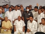 NCP chief Sharad Pawar with party leaders. NCP chief Sharad Pawar with party leaders.