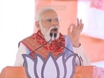 Prime Minister Narendra Modi addresses a public gathering in Karnataka's Hosapete on Tuesday afternoon.