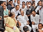 Supporters of Sharad Pawar in Mumbai on Tuesday. (Bhushan Koyande/HT PHOTO) Supporters of Sharad Pawar in Mumbai on Tuesday. (Bhushan Koyande/HT PHOTO)