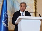 United Nations Secretary General, Antonio Guterres, delivers a press statement.