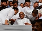 Supporters of NCP chief Sharad Pawar protest against his announcement to step down as the national president of NCP, in Mumbai on Tuesday. (Bhushan Koyande/HT) Supporters of NCP chief Sharad Pawar protest against his announcement to step down as the national president of NCP, in Mumbai on Tuesday. (Bhushan Koyande/HT)