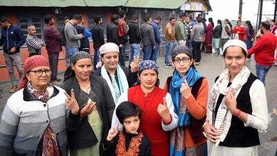 A group of women after casting their vote for the Shimla MC polls in Bhattakufer. (Deepak Sansta/HT)