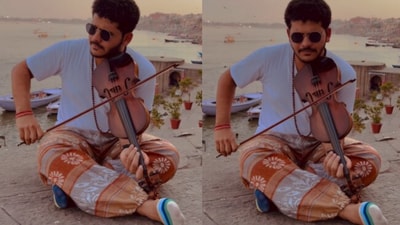 Artist plays Tum Tak on violin.