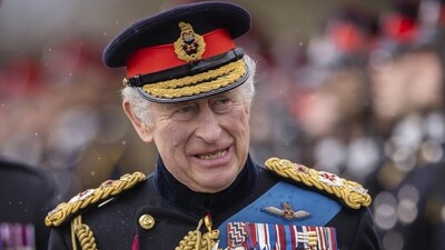 Britain's King Charles III, inspects the 200th Sovereign's parade at Royal Military Academy Sandhurst, in Camberley, England, Friday, April 14. (AP)
