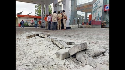 Concrete pavements at the petrol pump got damaged following the explosion, at Narwal in Jammu. (ANI) Concrete pavements at the petrol pump got damaged following the explosion, at Narwal in Jammu. (ANI)