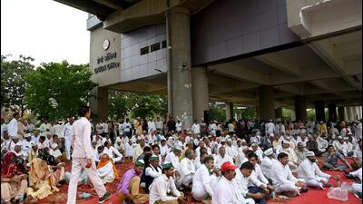 Farmers from 40 villages staged a protest against the Greater Noida Authority, demanding better rehabilitation and compensation for their land acquired for planned development, in Greater Noida on Tuesday. (Sunil Ghosh/HT)