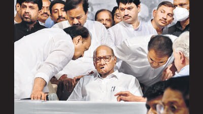 In the last few weeks the NCP has been beset with internal strife and speculation that some MLAs were deserting the party along with a restive Ajit Pawar to align with the BJP in Maharashtra. On Tuesday, Ajit Pawar was the only prominent leader who supported Pawar’s decision to step down even as others entreated him not to do so. “If he is not the president, it does not mean he is not in the party. He is looking to create new leadership... The new party chief will work under saheb’s leadership”, said Ajit Pawar who had last week taken a dig at Sharad Pawar’s advancing years to say that some leader step away when they get old.) (Bhushan Koyande/HT Photo) In the last few weeks the NCP has been beset with internal strife and speculation that some MLAs were deserting the party along with a restive Ajit Pawar to align with the BJP in Maharashtra. On Tuesday, Ajit Pawar was the only prominent leader who supported Pawar’s decision to step down even as others entreated him not to do so. “If he is not the president, it does not mean he is not in the party. He is looking to create new leadership... The new party chief will work under saheb’s leadership”, said Ajit Pawar who had last week taken a dig at Sharad Pawar’s advancing years to say that some leader step away when they get old.) (Bhushan Koyande/HT Photo)