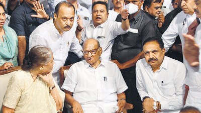 Mumbai, India - May 02, 2023: NCP leaders, workers, supporters of Sharad Pawar protest in solidarity against his resignation as party president urging him to reconsider his decision, at Y.B. Chavan Centre, Nariman Point, in Mumbai, India, on Tuesday, May 02, 2023. (Photo by Bhushan Koyande/HT Photo) (HT PHOTO) Mumbai, India - May 02, 2023: NCP leaders, workers, supporters of Sharad Pawar protest in solidarity against his resignation as party president urging him to reconsider his decision, at Y.B. Chavan Centre, Nariman Point, in Mumbai, India, on Tuesday, May 02, 2023. (Photo by Bhushan Koyande/HT Photo) (HT PHOTO)