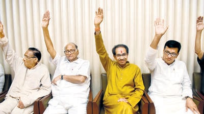 Mumbai, India - November 26, 2019: Shiv Sena chief Uddhav Thackeray and NCP chief Sharad Pawar during meeting of Shiv Sena , NCP and Congress alliance at Trident hotel, BKC in Mumbai, India, on Tuesday, November 26, 2019. (HT PHOTO)