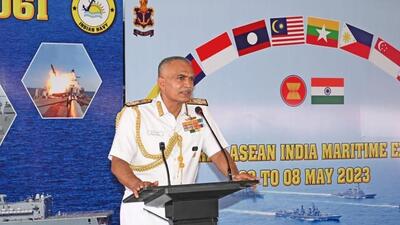 Navy chief Admiral R Hari Kumar at the opening ceremony of the inaugural ASEAN-India Maritime Exercise (AIME-23). (HT picture) Navy chief Admiral R Hari Kumar at the opening ceremony of the inaugural ASEAN-India Maritime Exercise (AIME-23). (HT picture)