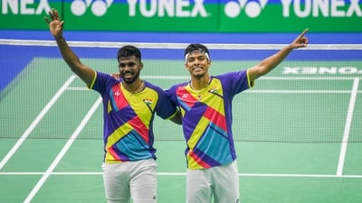 Dubai: Badminton players Chirag Shetty and Satwiksairaj Rankireddy celebrate after winning the gold medal in men's doubles at Badminton Asia Championships 2023, in Dubai, Sunday April 30, 2023. (PTI Photo(PTI04_30_2023_000342A) (PTI)