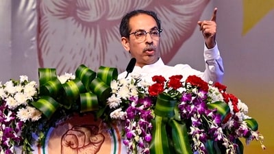 Former Maharashtra chief minister Uddhav Thackeray speaks during Maha Vikas Aghadi's (MVA) 'Vajramuth' public rally in Mumbai on Monday, (PTI)