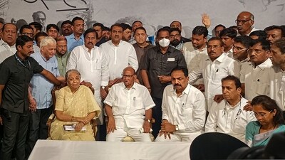 NCP chief Sharad Pawar with party leaders. (PTI)