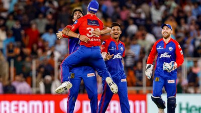 Delhi Capitals players celebrate their win in the IPL 2023 cricket match between Gujarat Titans and Delhi Capitals (PTI)