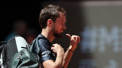 Russia's Daniil Medvedev gestures as he leaves the court after his 2023 ATP Tour Madrid Open tennis tournament singles match against Russia's Aslan Karatsev (AFP) Russia's Daniil Medvedev gestures as he leaves the court after his 2023 ATP Tour Madrid Open tennis tournament singles match against Russia's Aslan Karatsev (AFP)