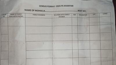 The forms titled “Census Format 2023” being distributed in Srinagar. (HT Photo) The forms titled “Census Format 2023” being distributed in Srinagar. (HT Photo)