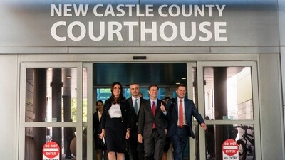 John Poulos, CEO of Dominion Voting Systems, and Dominion lawyers Davida Brook, Justin Nelson and Stephen Shackleford leave the courthouse after Dominion Voting Systems and Fox settled a defamation lawsuit for $787.5 million, avoiding trial, over Fox's coverage of debunked election-rigging claims, in Delaware Superior Court, in Wilmington, Delaware, U.S. April 18, 2023. REUTERS/Eduardo Munoz (REUTERS)