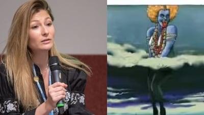 On Sunday, the official account of Ukraine's defence ministry tweeted a photo that showed a female in an upskirt pose with the face and detailing resembling Hindu Goddess 'Maa Kali'.