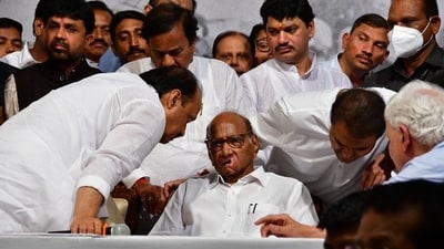Supporters of NCP chief Sharad Pawar protest against his announcement to step down as the national president of NCP, in Mumbai on Tuesday. (Bhushan Koyande/HT) Supporters of NCP chief Sharad Pawar protest against his announcement to step down as the national president of NCP, in Mumbai on Tuesday. (Bhushan Koyande/HT)
