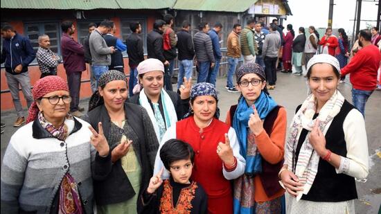 A group of women after casting their vote for the Shimla MC polls in Bhattakufer. (Deepak Sansta/HT)