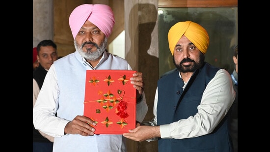 Chief minister Bhagwant Singh Mann along with finance minister Harpal Cheema (HT Photo)