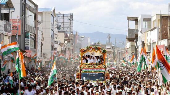 Congress leader Rahul Gandhi held a roadshow in Chikkamagalur on Tuesday. (ANI)