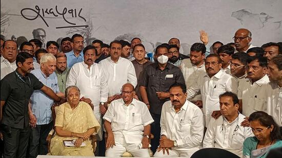 Sharad Pawar with NCP leaders in Mumbai. (PTI)