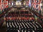 Members of the military take part in a full overnight dress rehearsal of the Coronation Ceremony of Britain’s King Charles and Camilla, Queen Consort in London.