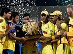 Chennai Super Kings pose with the IPL trophy. 